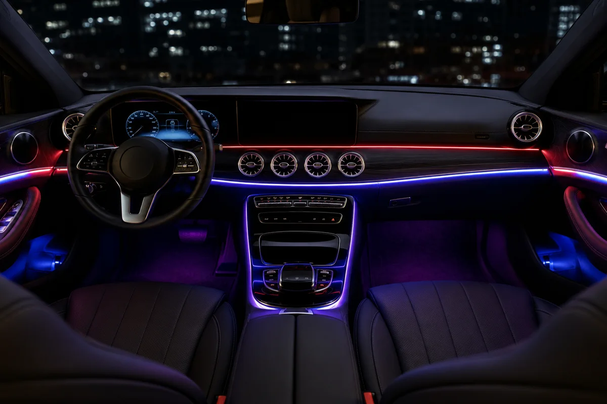 BT Automultimedia & Retrofit Sfeervolle ambient ledverlichting in een auto-interieur zonder zichtbaar automerk