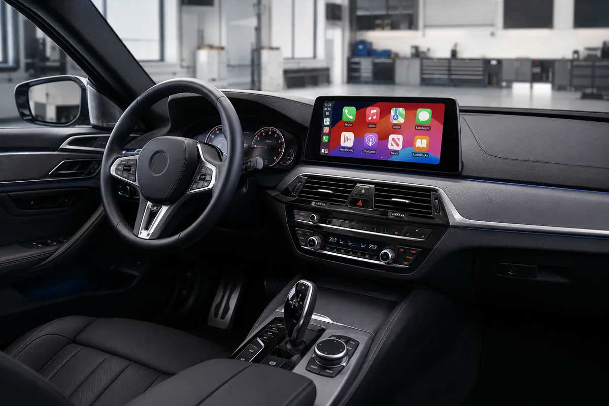 BT Automultimedia & Retrofit BMW interieur met CarPlay-scherm zonder zichtbaar voertuiglogo