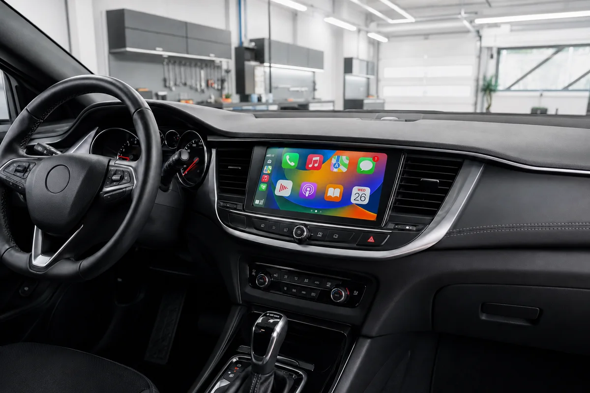 BT Automultimedia & Retrofit Opel interieur met CarPlay-scherm zonder zichtbaar voertuiglogo
