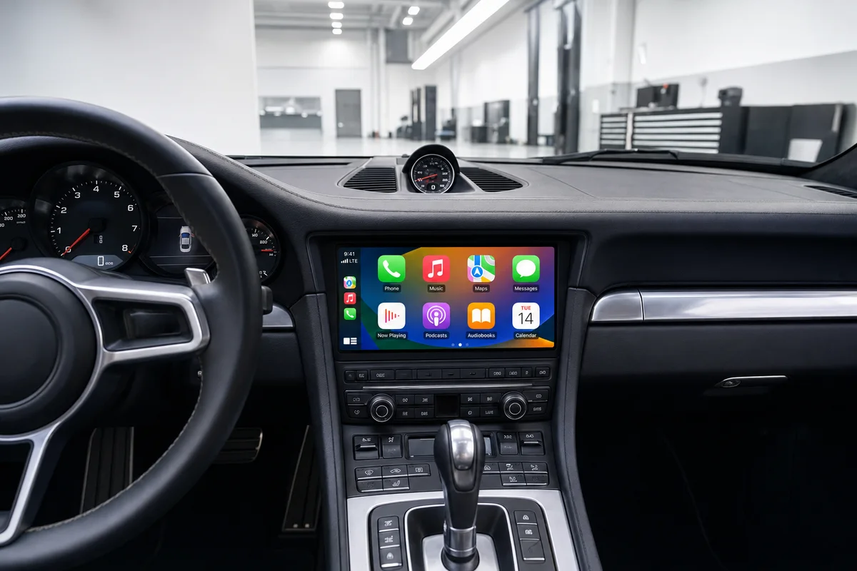 BT Automultimedia & Retrofit Porsche interieur met CarPlay-scherm zonder zichtbaar voertuiglogo