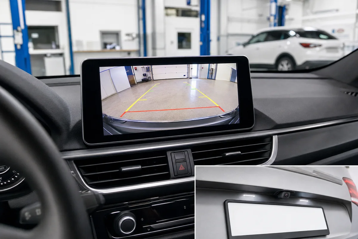 BT Automultimedia & Retrofit Professioneel geïnstalleerde achteruitrijcamera met helder beeld en parkeerlijnen