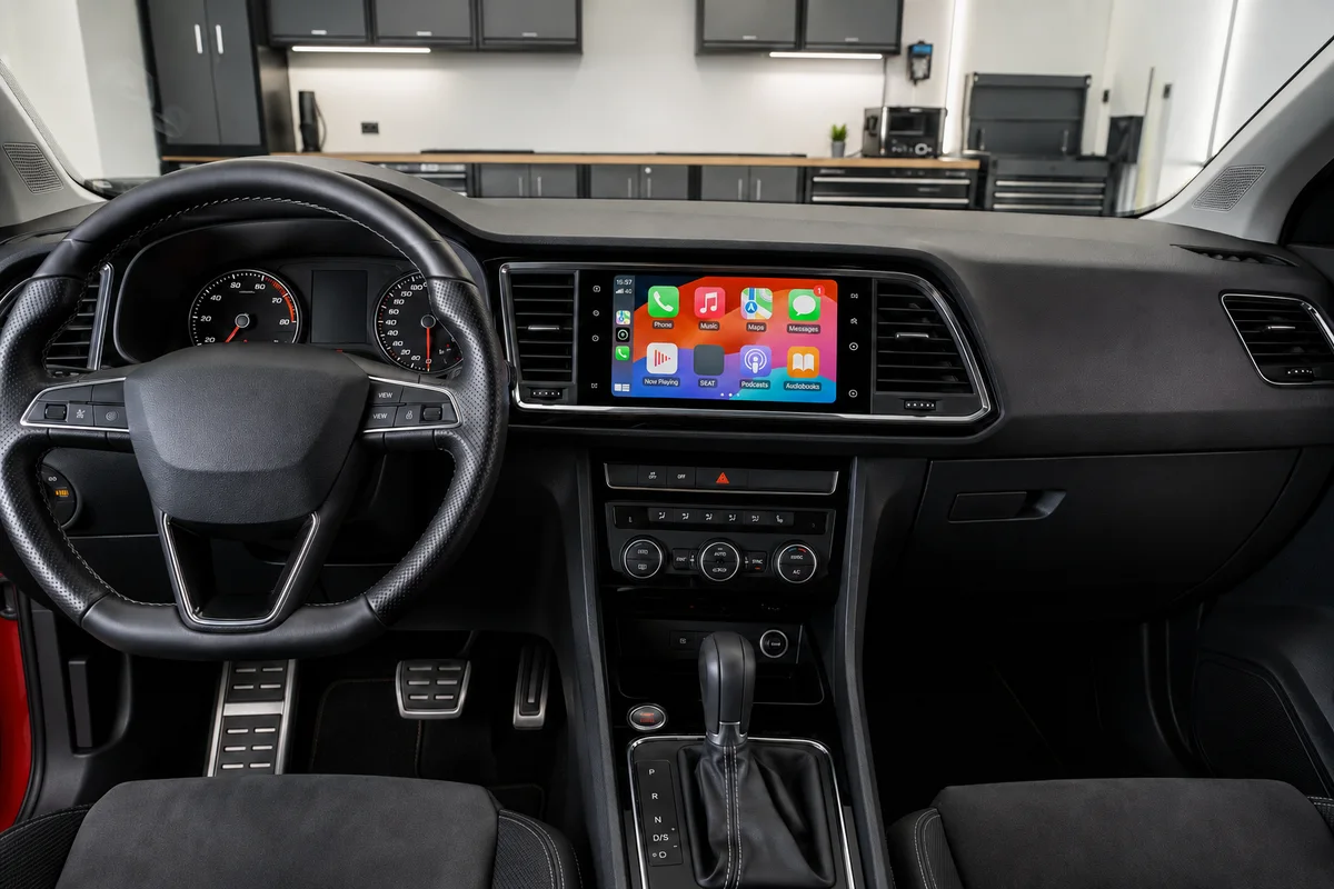 BT Automultimedia & Retrofit SEAT interieur met CarPlay-scherm zonder zichtbaar voertuiglogo